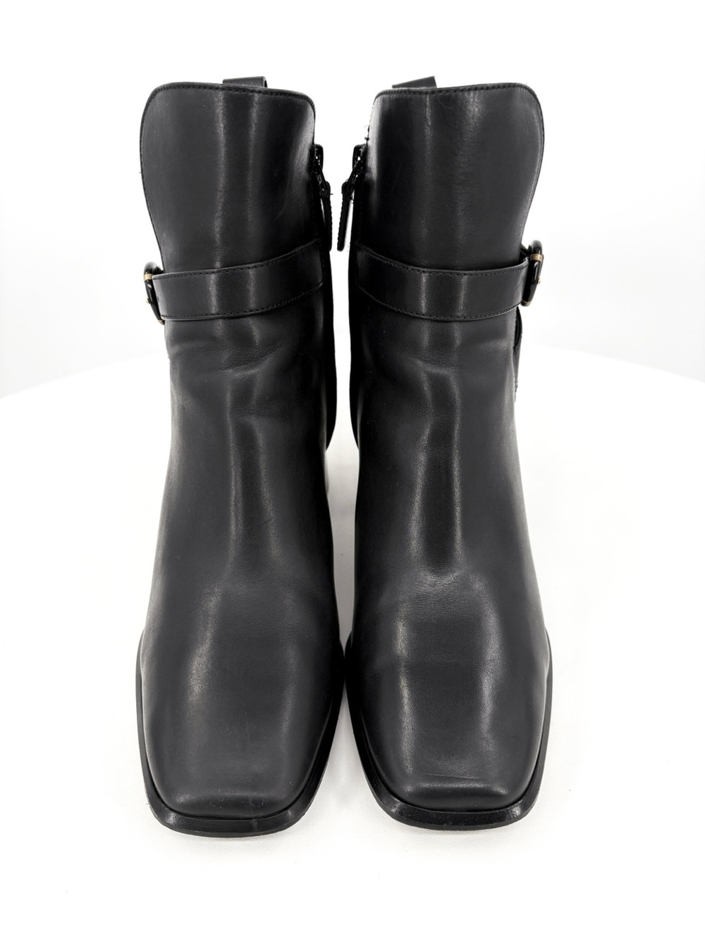 TORY BURCH Logo Buckle Square-Toe Ankle Boots in Black Leather 10 - Picture 5 of 14